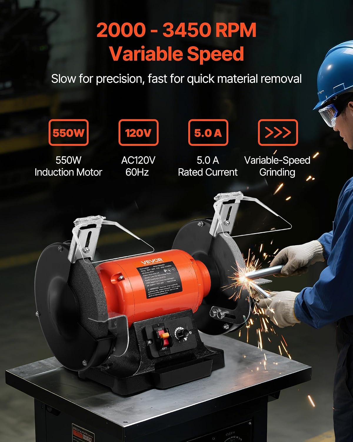 Bench Grinder, 8-inch Variable Speed Bench Grinder, 2000-3450RPM Table Grinders with 550W 5.0A 3/4Hp Induction Motor