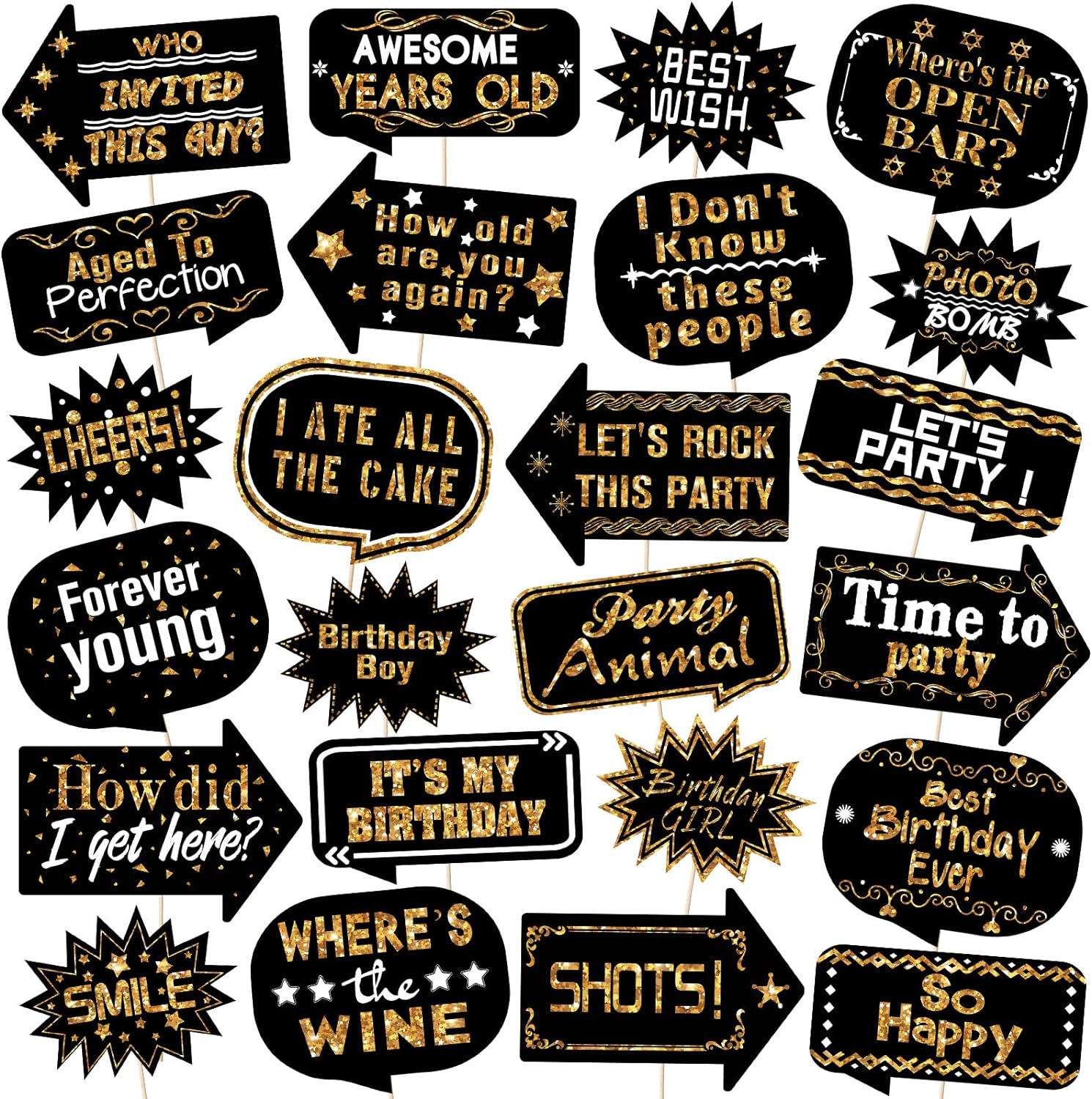 24 Pieces Photo Booth Props Birthday with Stick Happy Birthday Weddings Graduation Prom Bday Wedding New Year Party