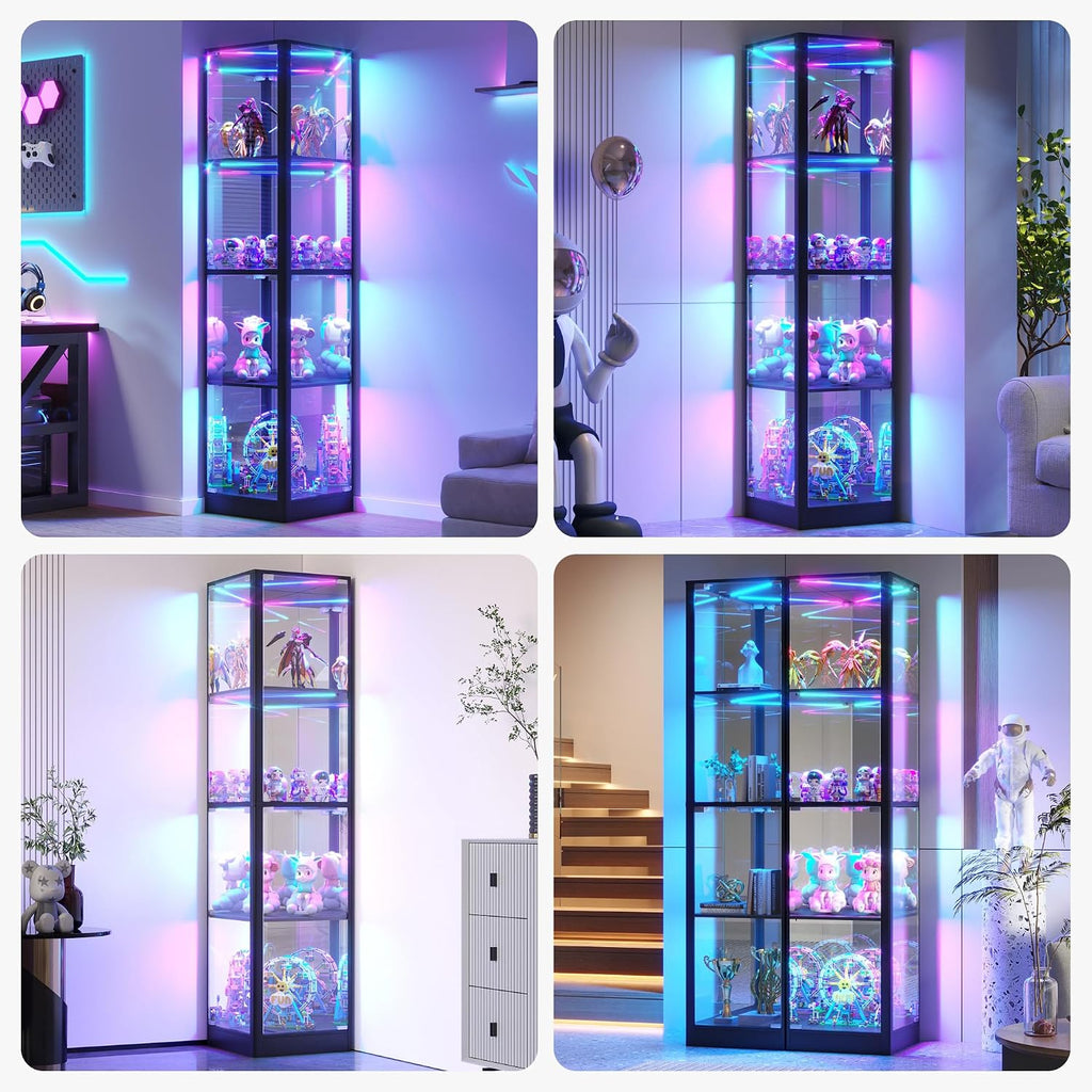 Corner Display Cabinet with Glass Doors & RGB Lights | 68" Tall, Human Sensor Lights, 4-Tier, Display Case for
