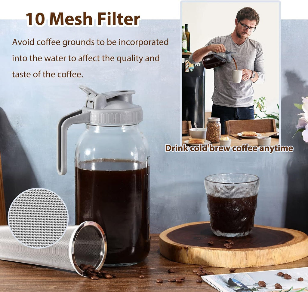 Cold Brew Coffee Maker Pitcher, 64 Oz Heavy Duty Wide Mouth Glass Mason Jar pour spout Lid with Stainless Steel