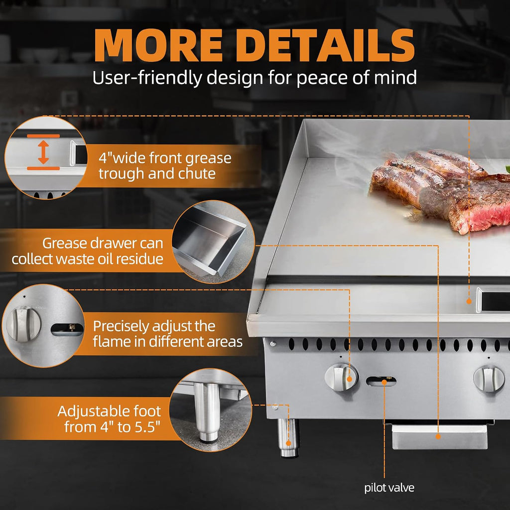 48" Commercial Countertop Griddle, 4 Burners Gas Griddle, 120000 BTU Output, Stainless Steel Flat Top Grill Hot Plate