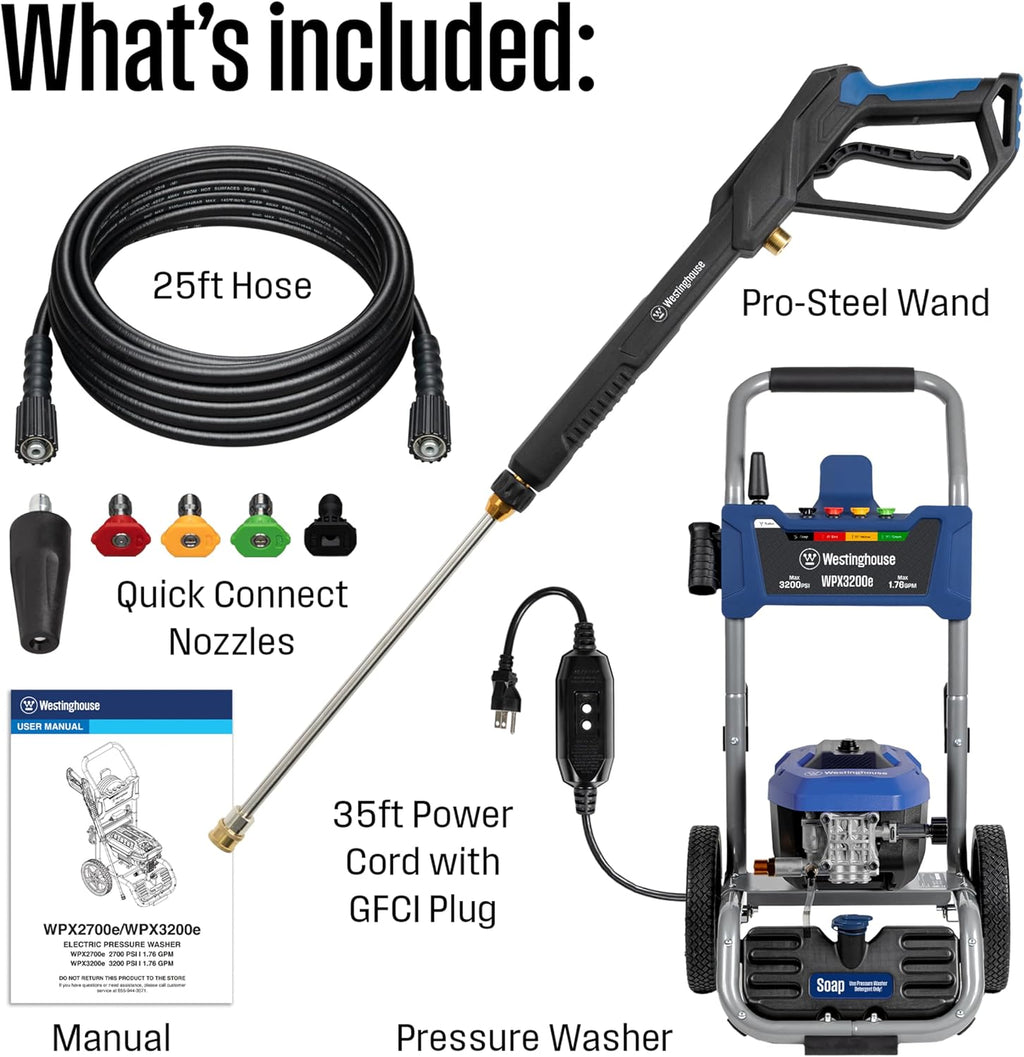 WPX3200e Electric Pressure Washer, 3200 Max PSI and 1.76 Max GPM, Universal Motor, Onboard Soap Tank, Spray Gun and
