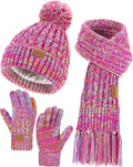 Kids Winter Hat Gloves Scarf Set, Valentines Gift for Girl Boy Toddler w/Fleece Lined Pom Beanie Warmer Scarf Mittens