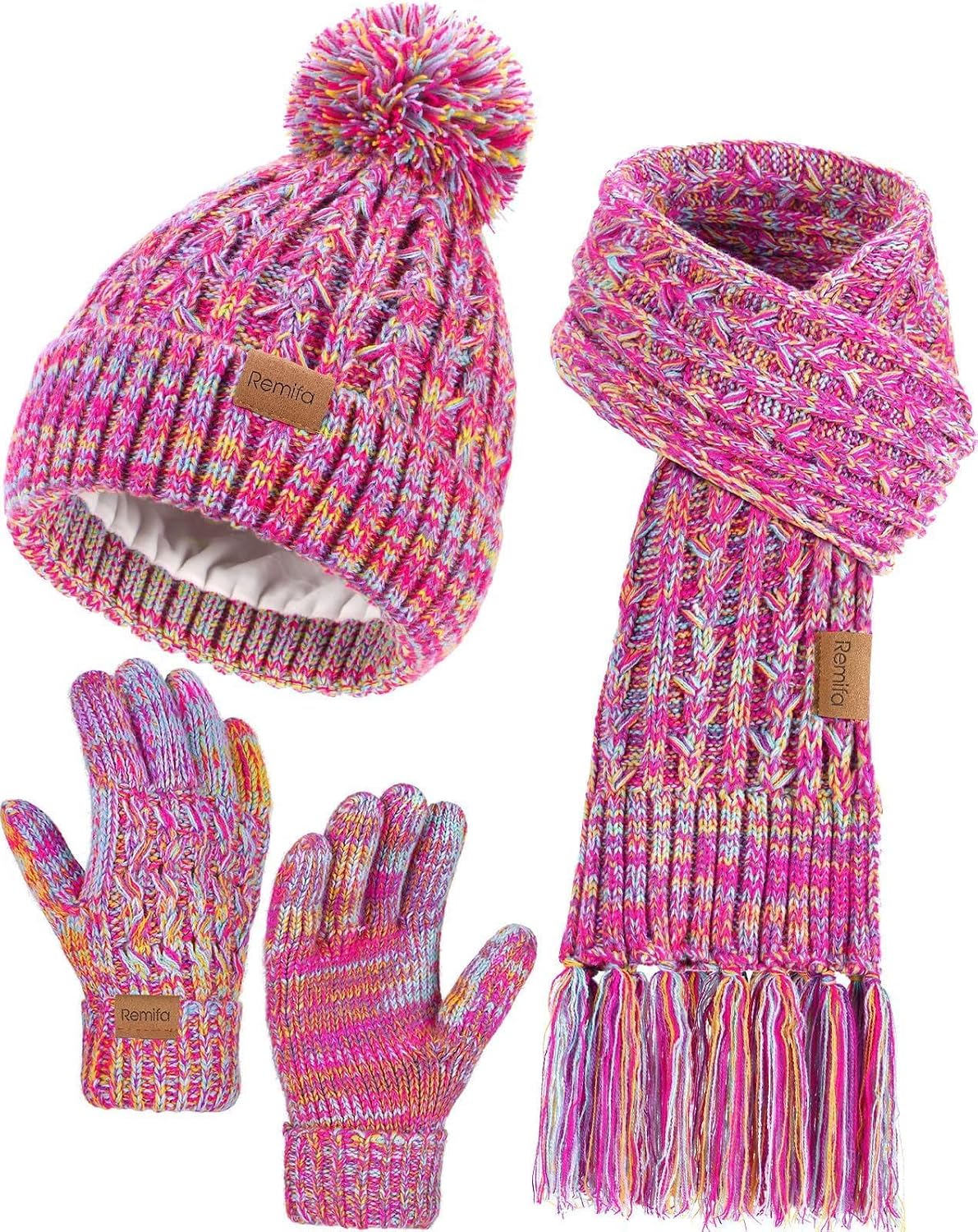 Kids Winter Hat Gloves Scarf Set, Valentines Gift for Girl Boy Toddler w/Fleece Lined Pom Beanie Warmer Scarf Mittens