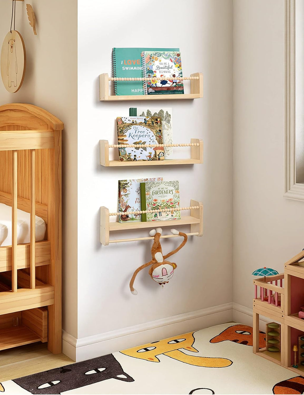 Nursery Floating Shelves for Wall, Set of 3 Book Shelves Natural Wood Wall Mounted Organizer with Towel Bar Hanging