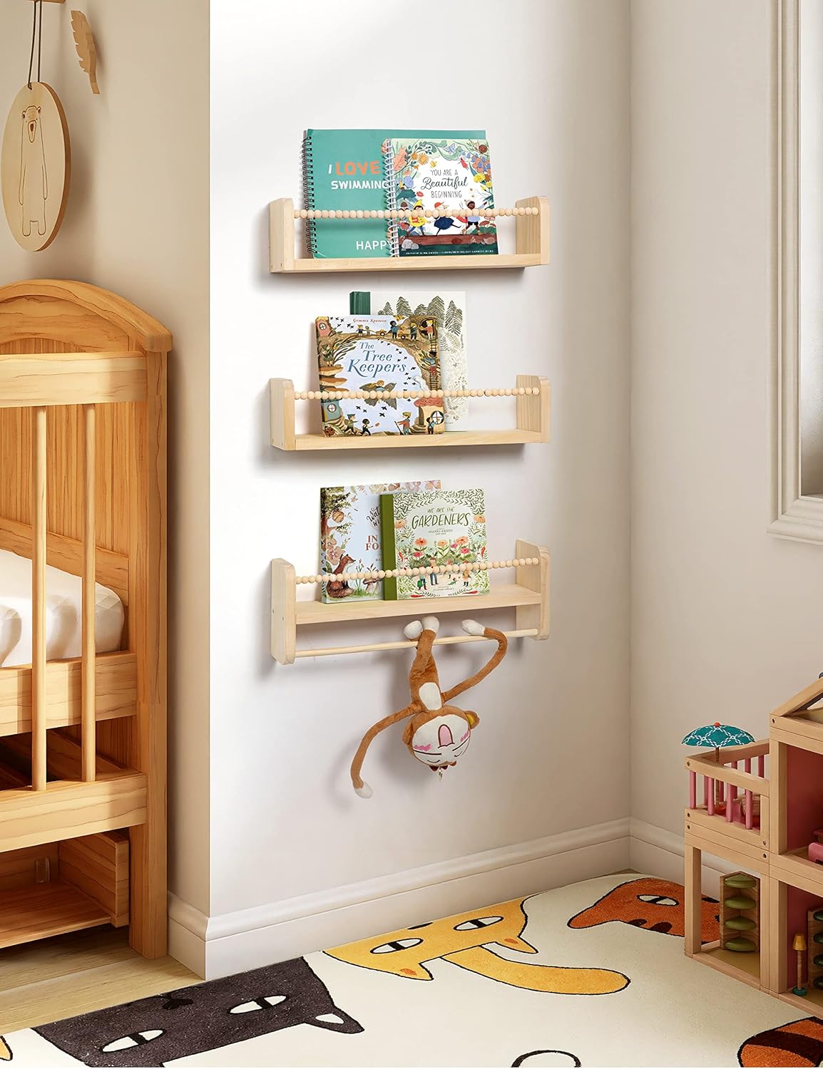 Nursery Floating Shelves for Wall, Set of 3 Book Shelves Natural Wood Wall Mounted Organizer with Towel Bar Hanging