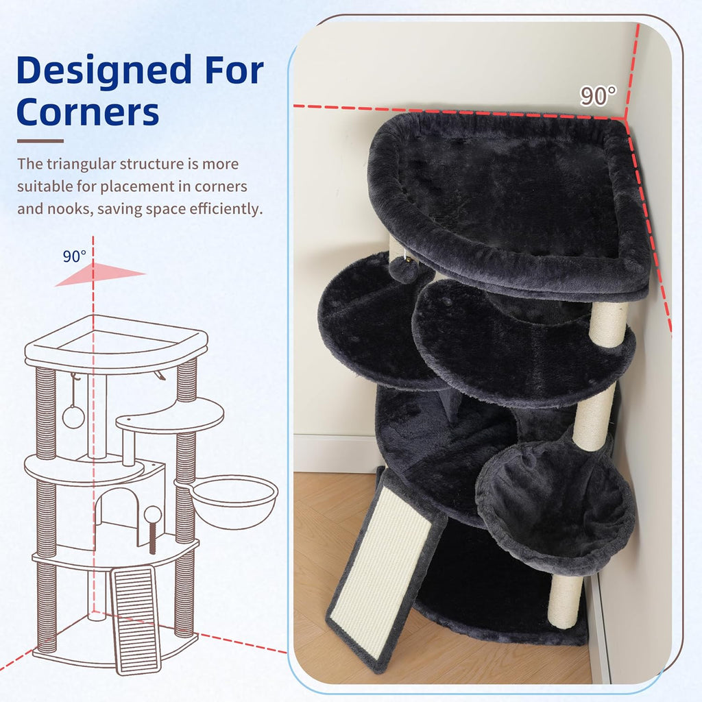 Corner Cat Tree for Indoor Cats, Cat Tower with All Sisal Scratching Posts, Multi-Level Cat Condo wth Cat Cave, Large
