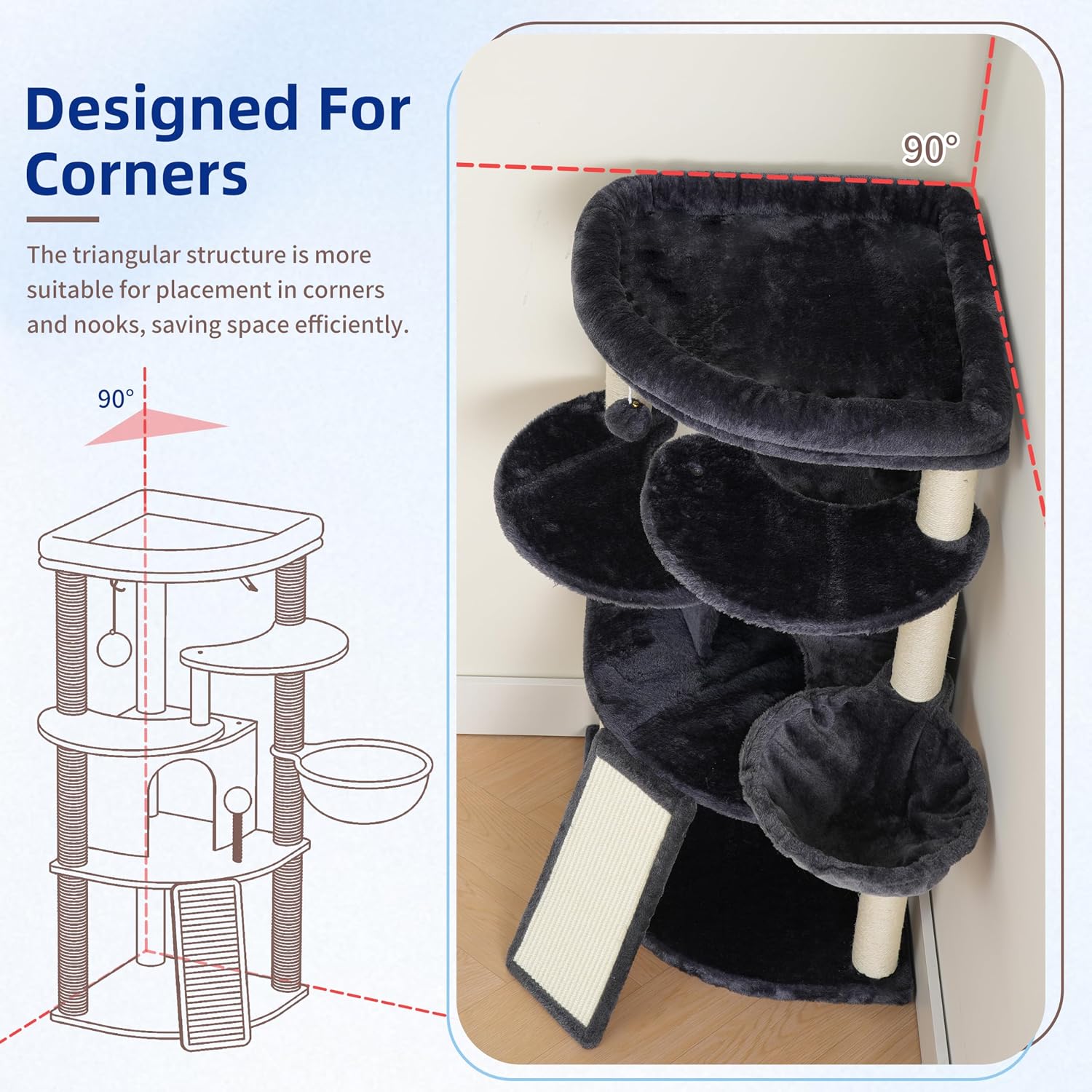 Corner Cat Tree for Indoor Cats, Cat Tower with All Sisal Scratching Posts, Multi-Level Cat Condo wth Cat Cave, Large