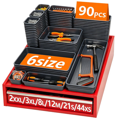 [6 SIZE & 90 PCS] Tool Box Organizer Tray, Tool Desk Drawer Organizer, Non- Slip Toolbox Organizer, Garage