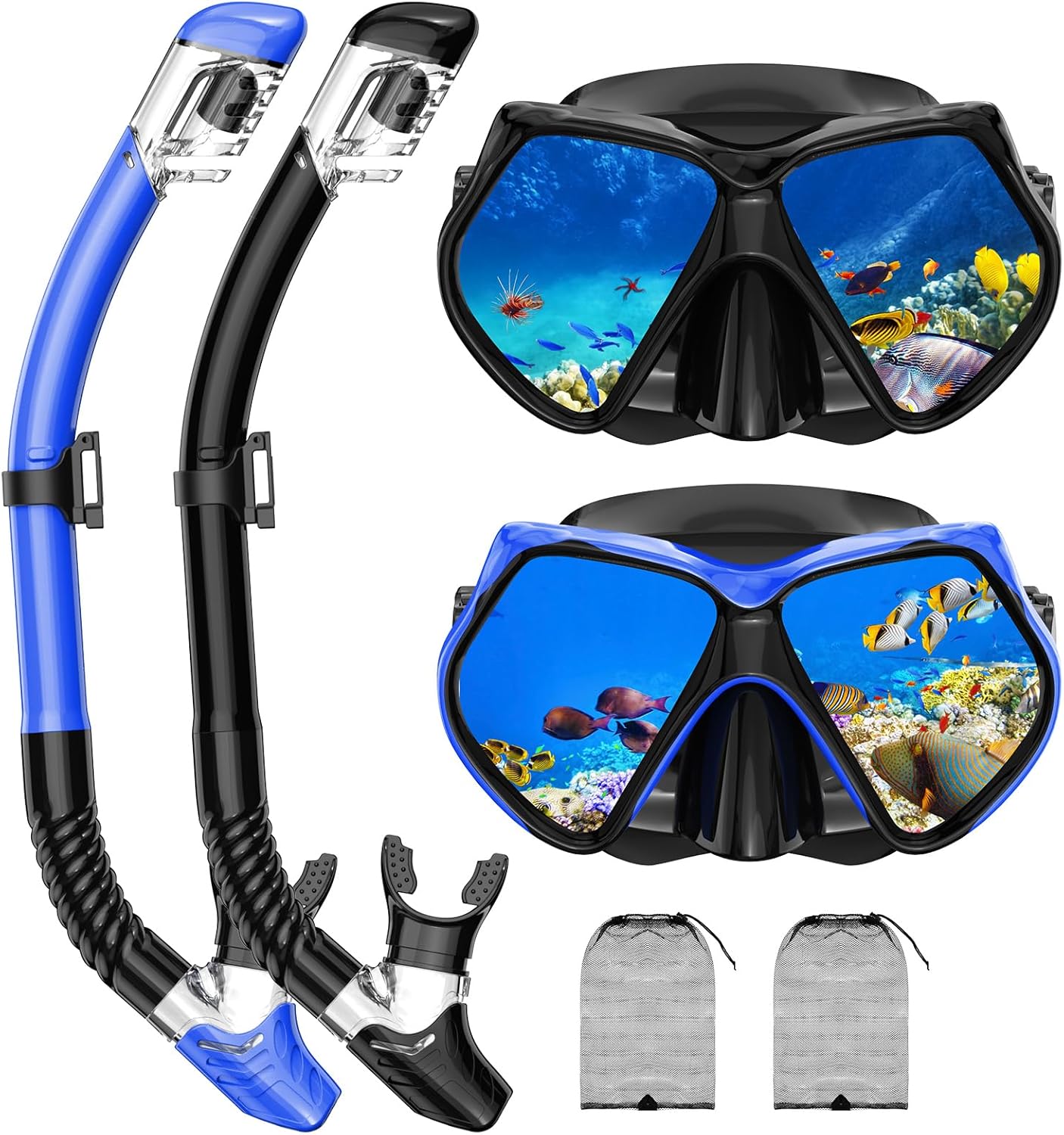 Snorkeling Gear for Adults, Snorkel Set Scuba Diving mask Dry-Top, Adult Swimming Goggles w/Nose Cover, HD Tempered