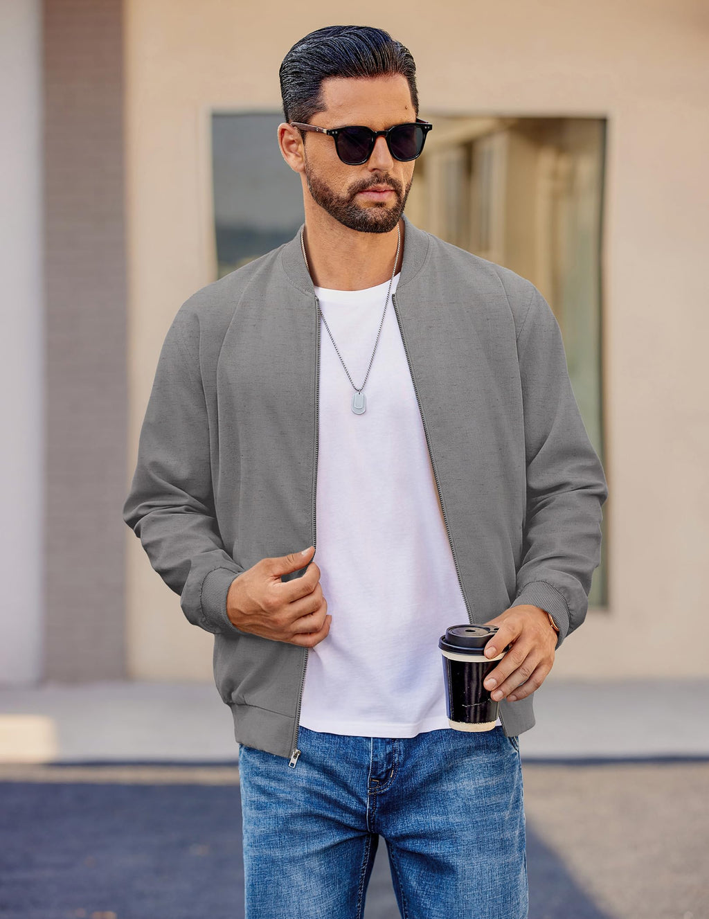 Mens Light Cotton Bomber Jacket Casual Flight, True Gray, Medium