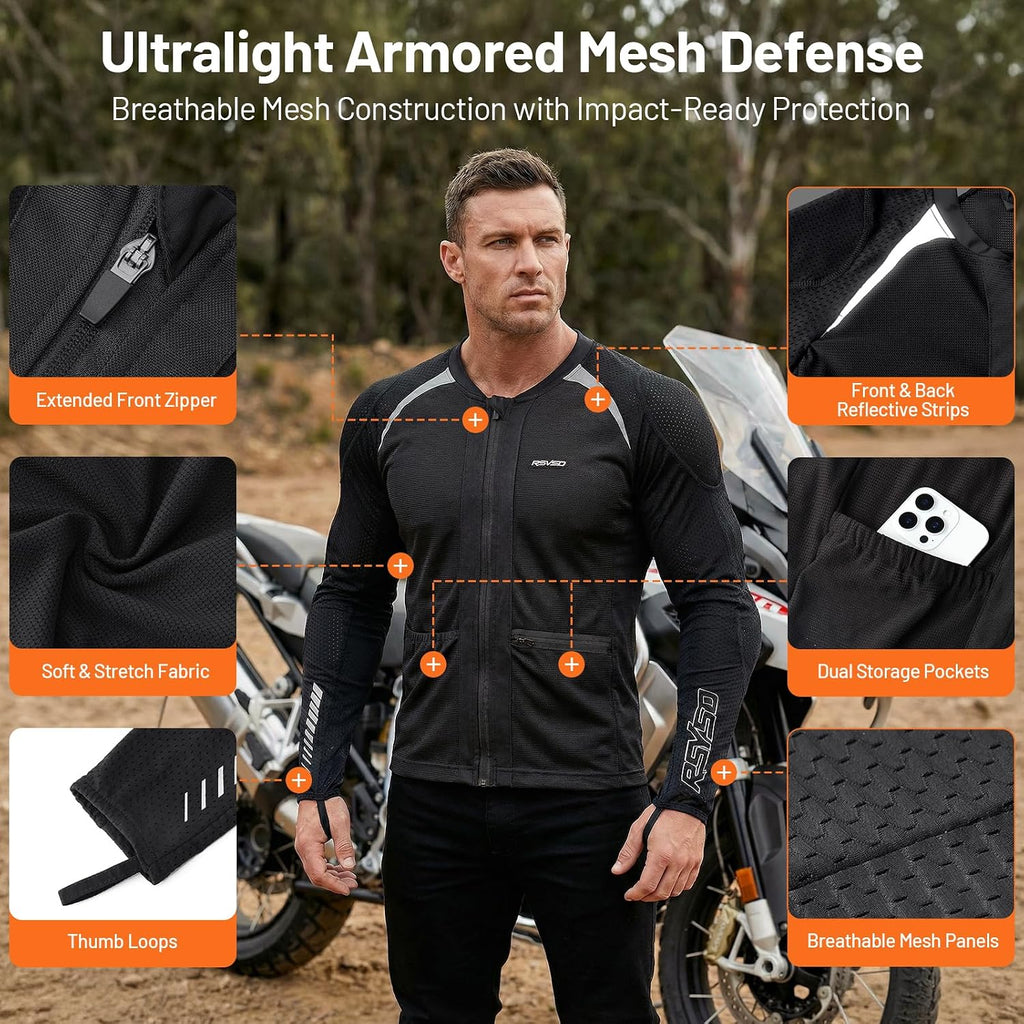 Men's Mesh Motorcycle Jacket with CE Certified Protective Armored Motorcycle Shirt with Reflective Strips, All Season