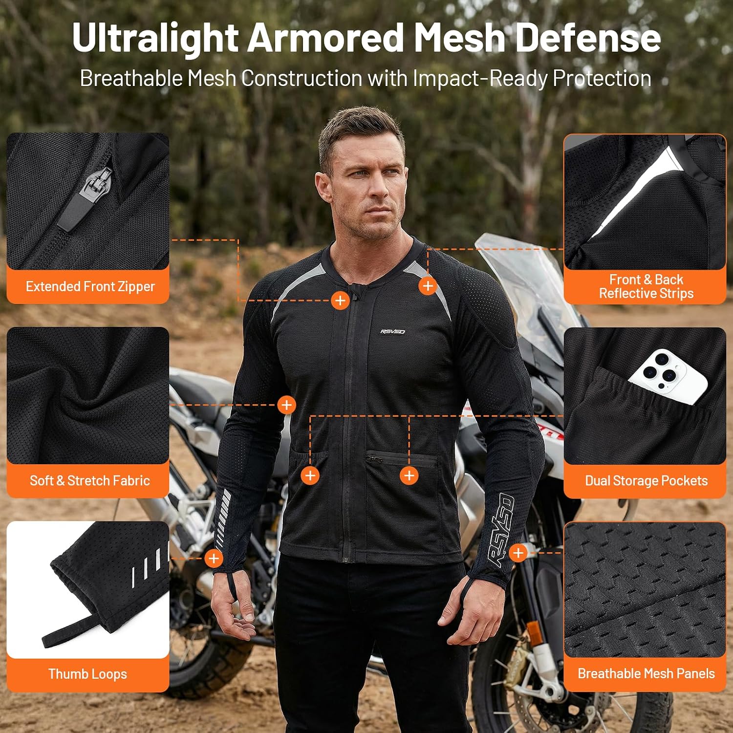 Men's Mesh Motorcycle Jacket with CE Certified Protective Armored Motorcycle Shirt with Reflective Strips, All Season