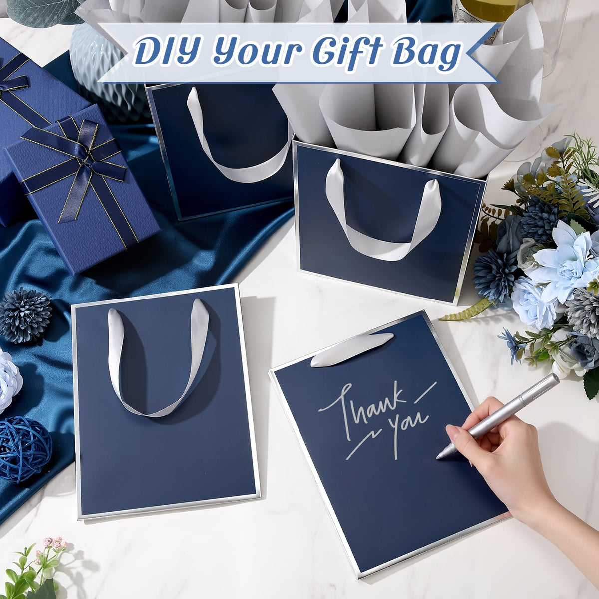 10 Pack Paper Gift Bags with Handle Tissue Paper, Navy Blue, Silver