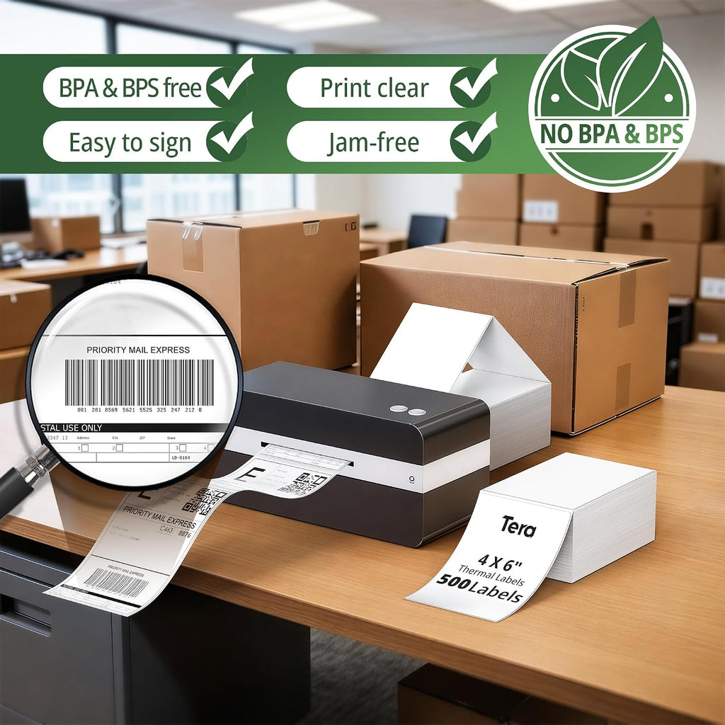 Direct Thermal Labels Fanfold: 4" x 6" Shipping Labels Adhesive 500Pcs | Resistance to Water Grease Scratches, Three