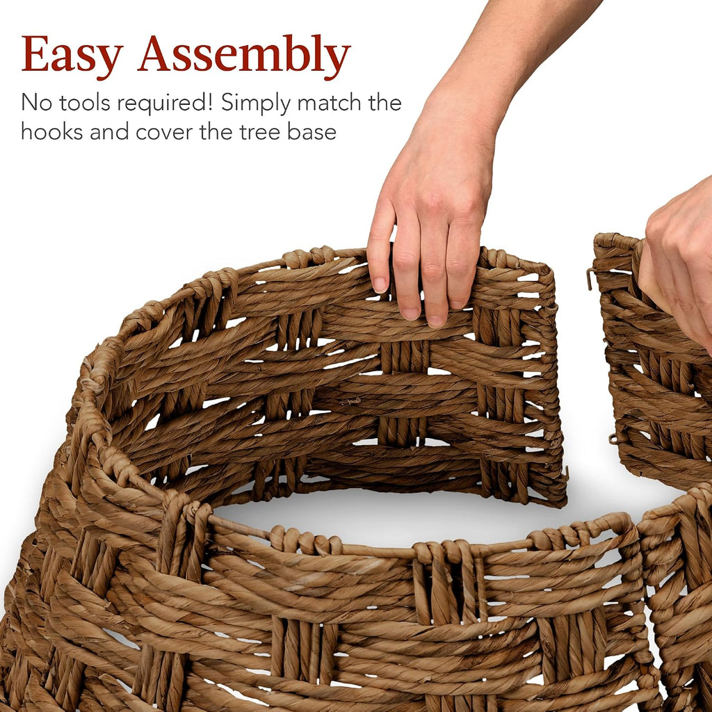 24in Christmas Tree Collar, Basket Woven Hyacinth 3-Piece Holiday Rattan Tree Skirt Accessory for Home w/Cord Cut-Out