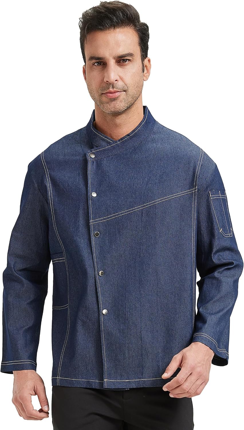 Chef Coat Men's Denim Chef Jacket for Restaurant Kitchen Cooking