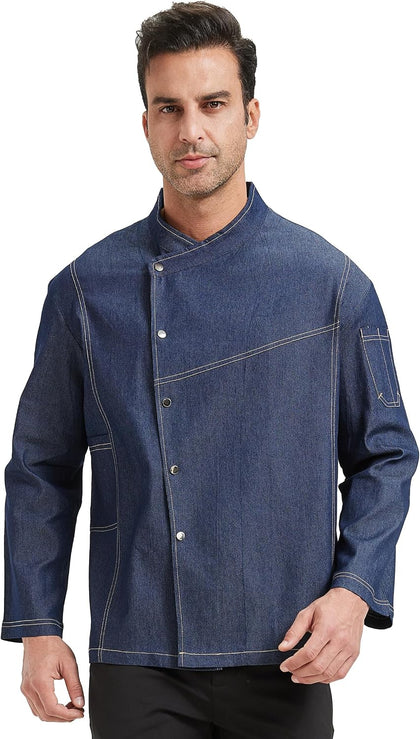 Chef Coat Men's Denim Chef Jacket for Restaurant Kitchen Cooking