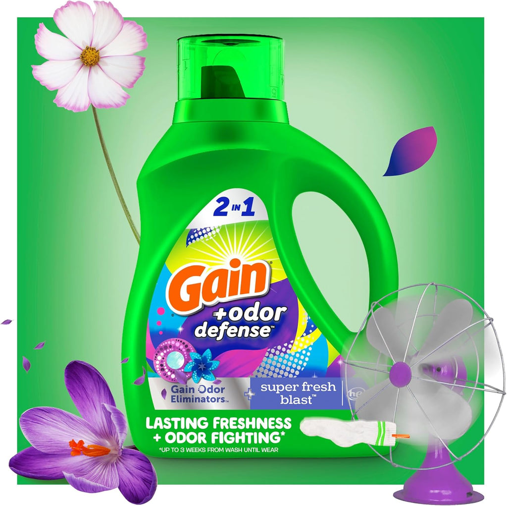 Odor Defense Liquid Laundry Detergent, Super Fresh Blast Scent, 194 fl oz, 134 loads, 2 in 1, Laundry Detergent
