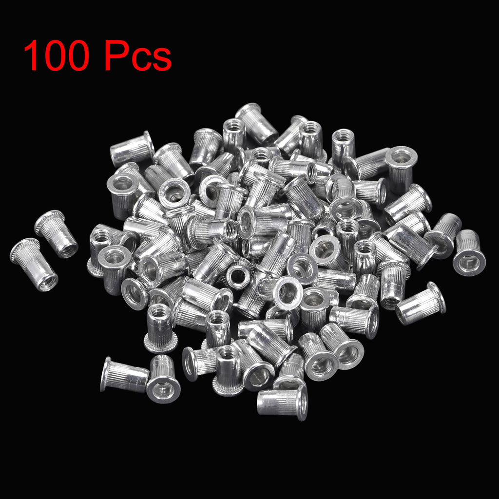 uxcell #6-32 Rivet Nuts Aluminium Alloy Knurled Flat Head Threaded Insert Nut Silver 100pcs