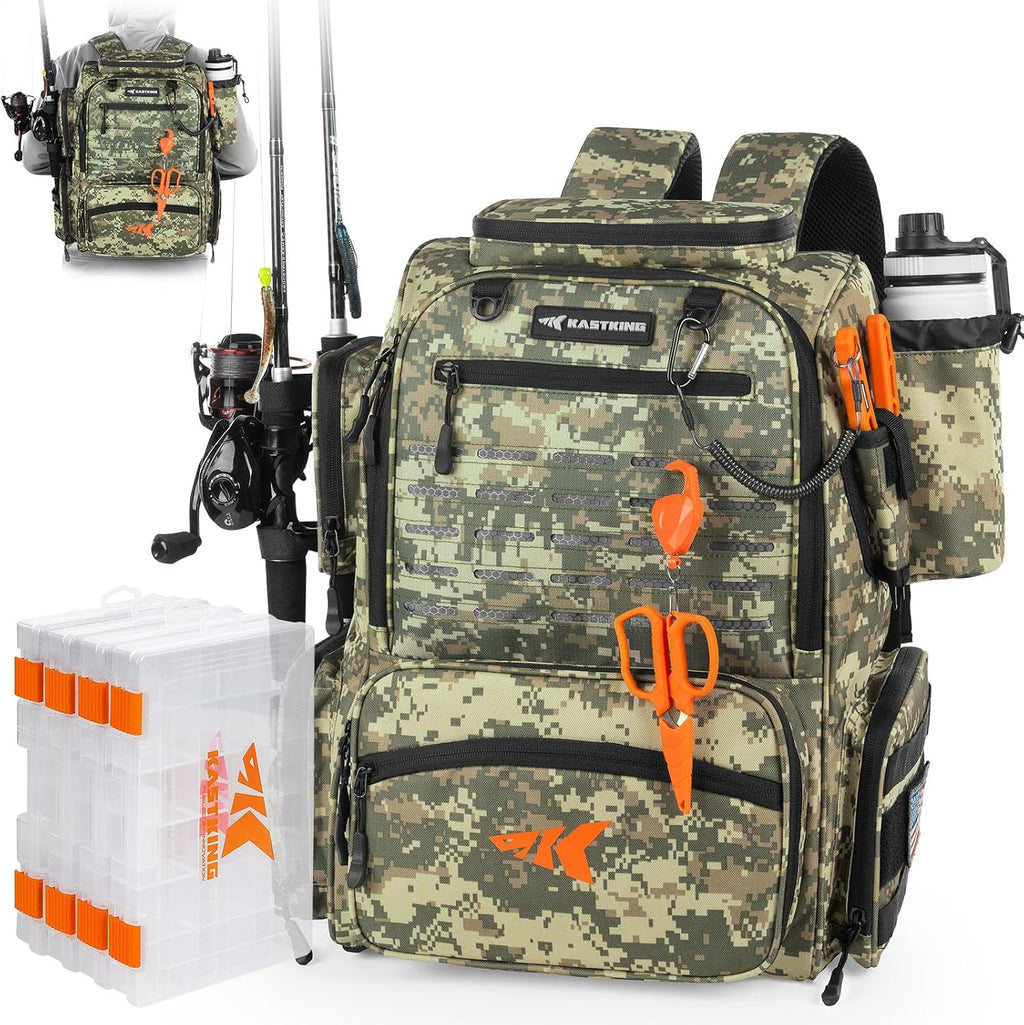 Bait Boss Fishing Tackle Backpack with Rod Holders-4 Tackle Boxes-Rain Cover,Storage for Fishing Gear