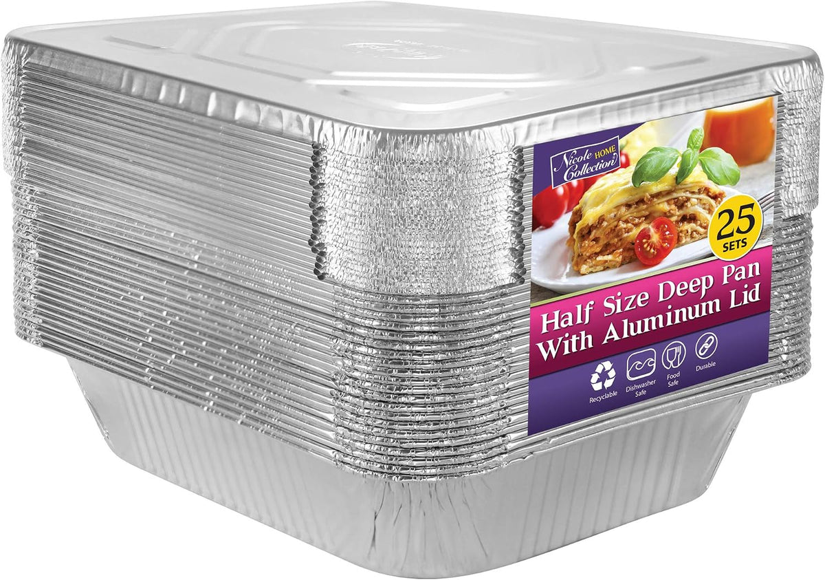 Aluminum Pans With Lids Half Size 9x13 Extra Heavy Duty, Disposable Foil Pans For Baking (25 Sets)