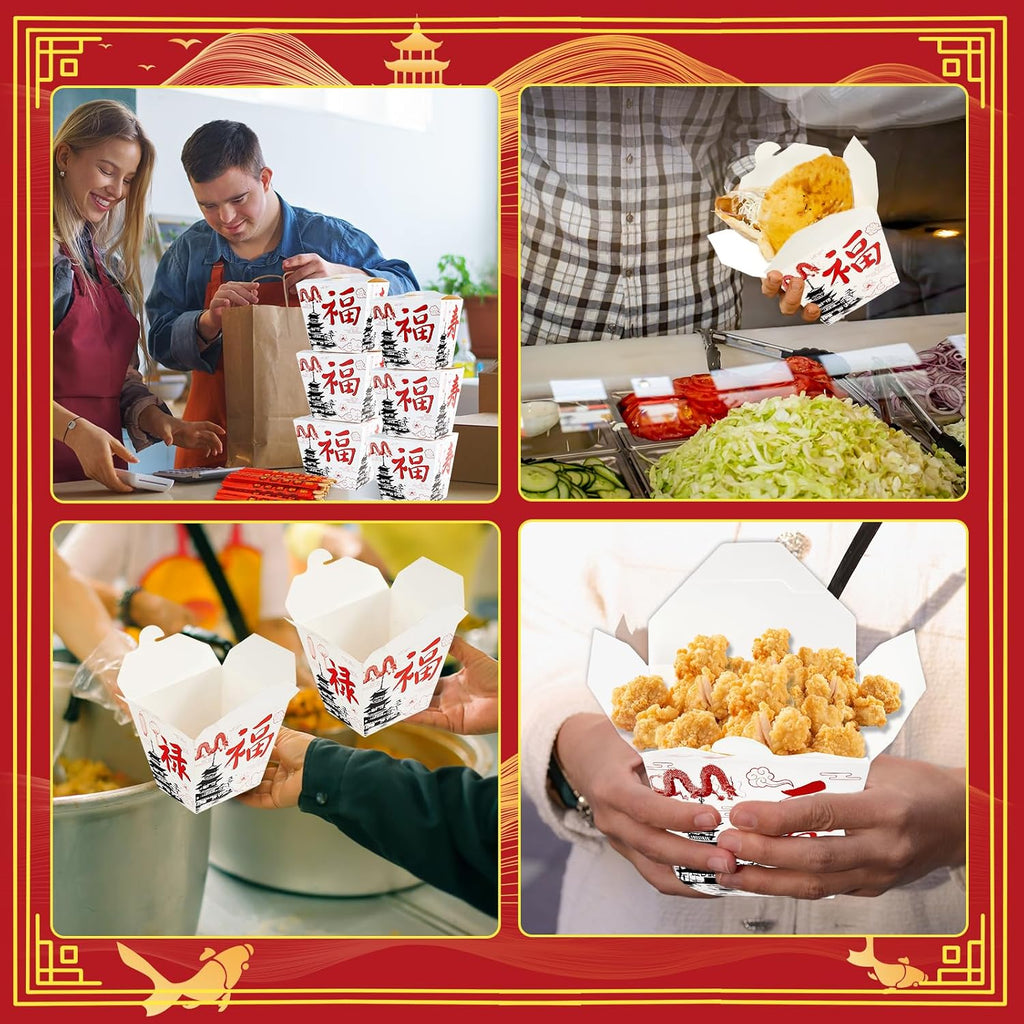 50 Sets White Chinese Take Out Food Boxes with Chopsticks