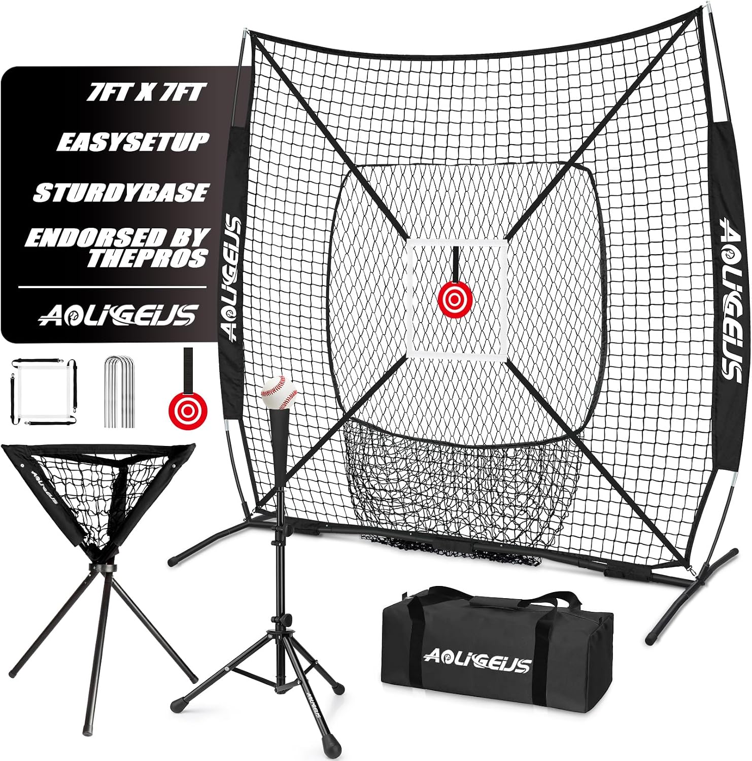 6'x6' Baseball Softball Practice Net, Batting Tee & Ball Caddy | Baseball Pitching Hitting Net with Strike Zone