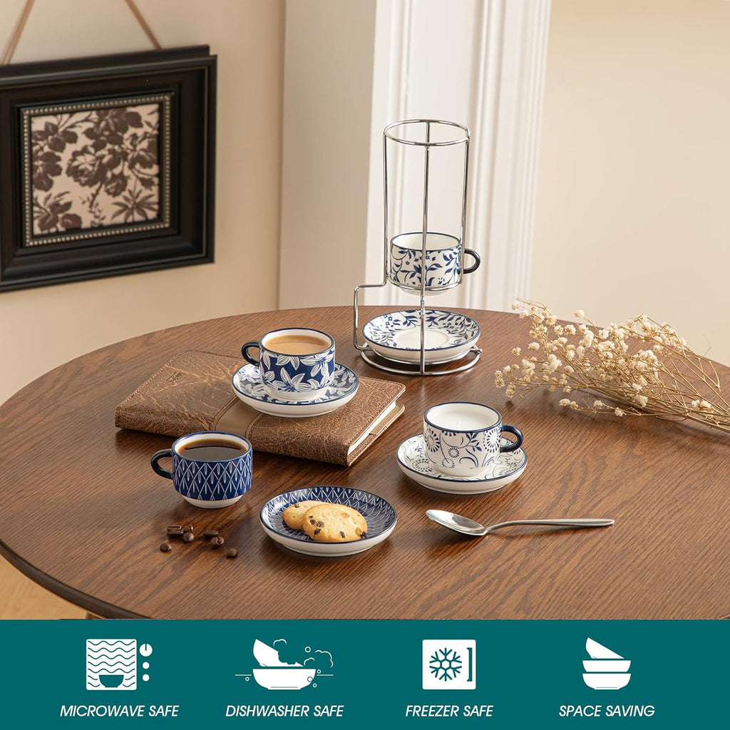 2.5 OZ Espresso Cups Set of 4, Porcelain Stackable Cappuccino Cups