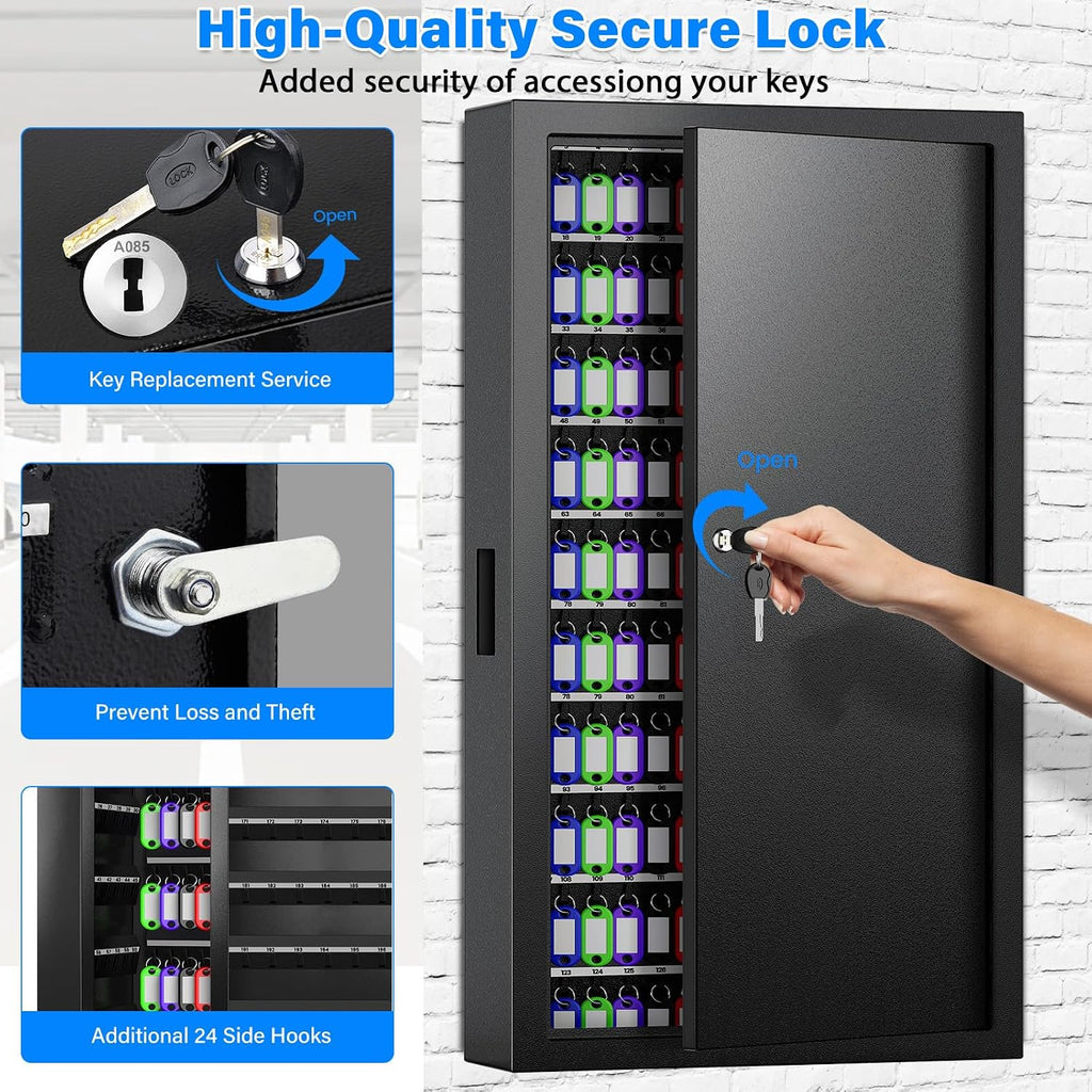 250 Keys Key Lock Box Wall Mount with Additional 24 Side Hooks and Key Tags | Anti-Theft Key Cabinet with Side Drop