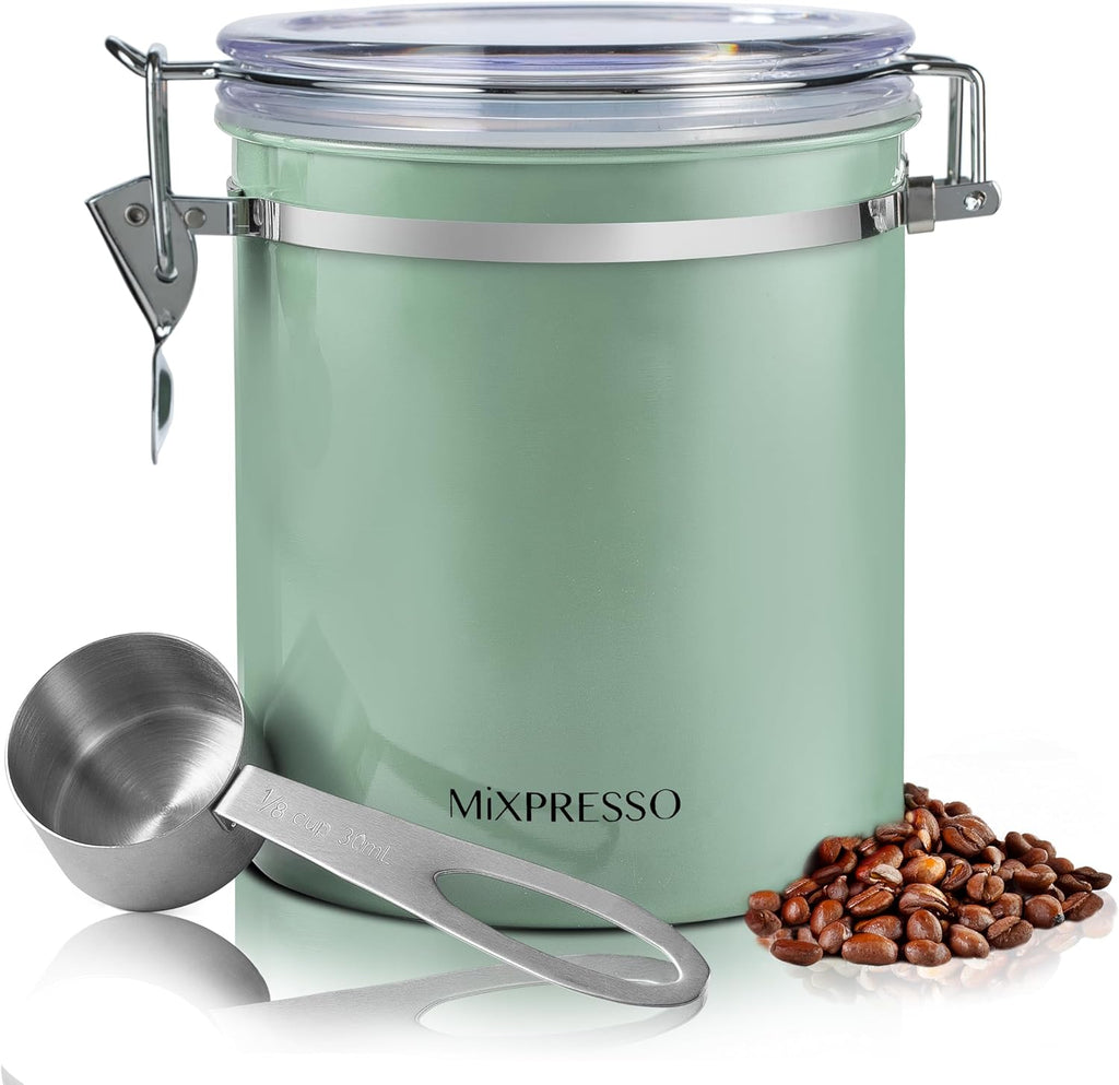Coffee Canister, Airtight Coffee Bean Storage Container 16oz | Green Stainless steel container with clear lid, CO2
