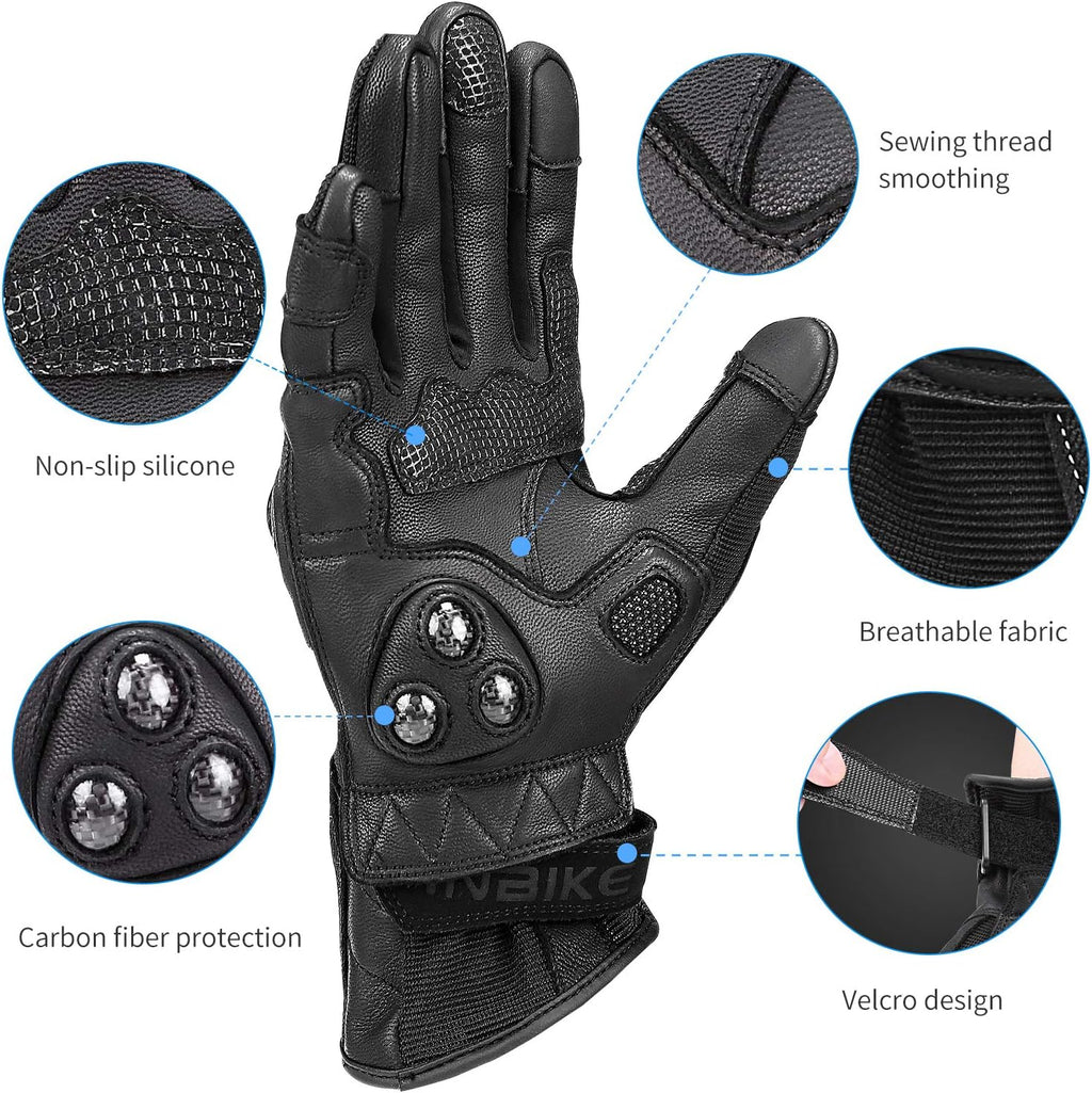 Leather Motorcycle Gloves with Carbon Fiber Hard Knuckle Touch Screen for Women Black Medium