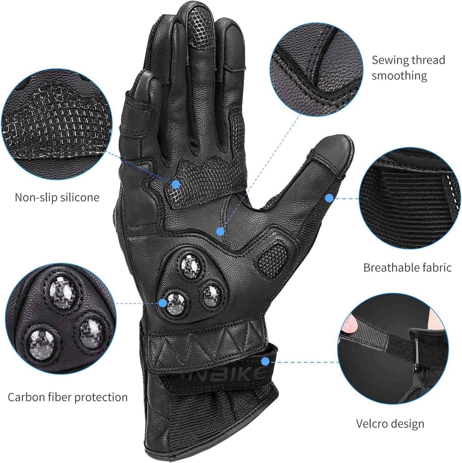 Leather Motorcycle Gloves with Carbon Fiber Hard Knuckle Touch Screen for Women Black Medium