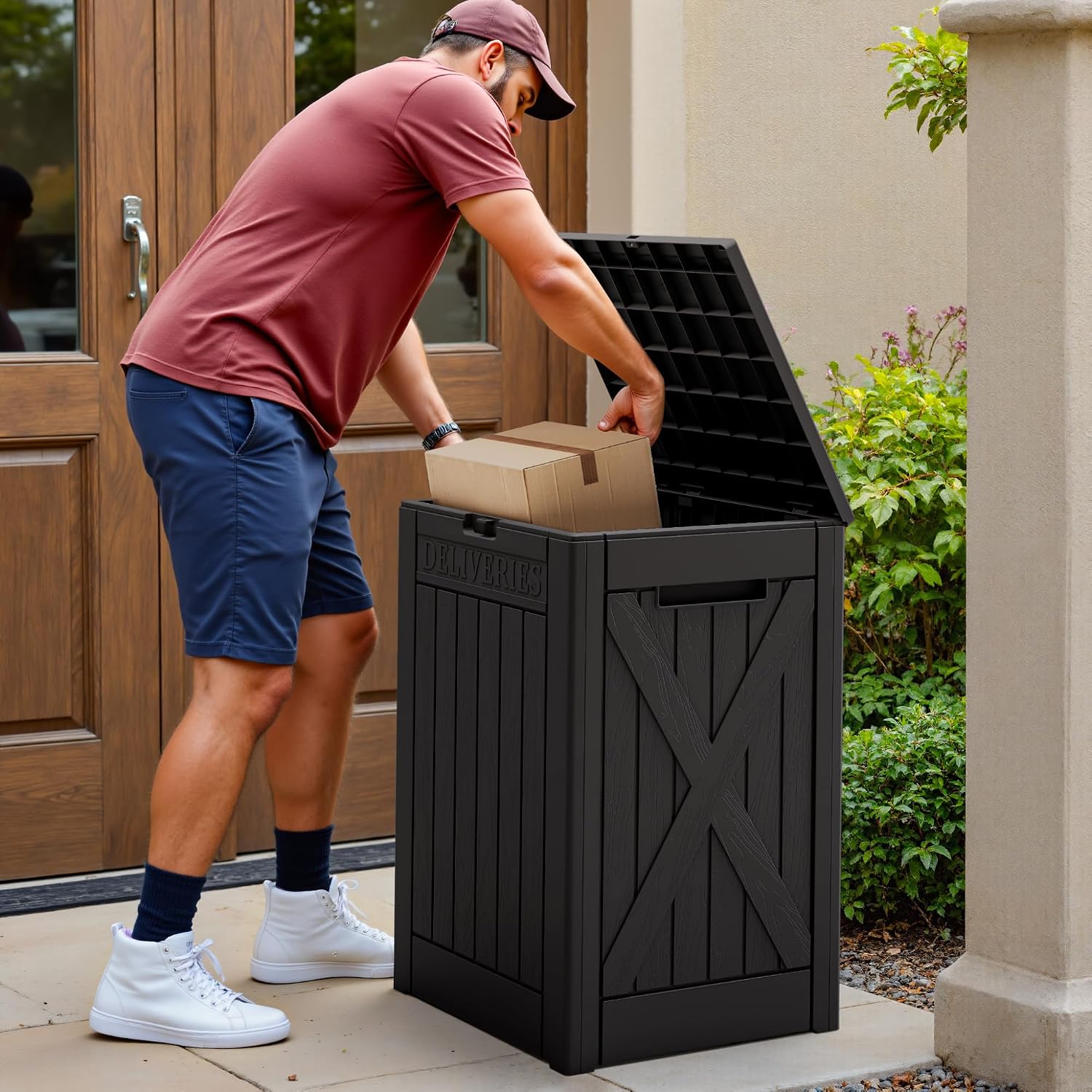 48 Gallon Package Delivery Box Outdoor Secure Lockable | Waterproof Deck Box PP Material Storage Container, Designed