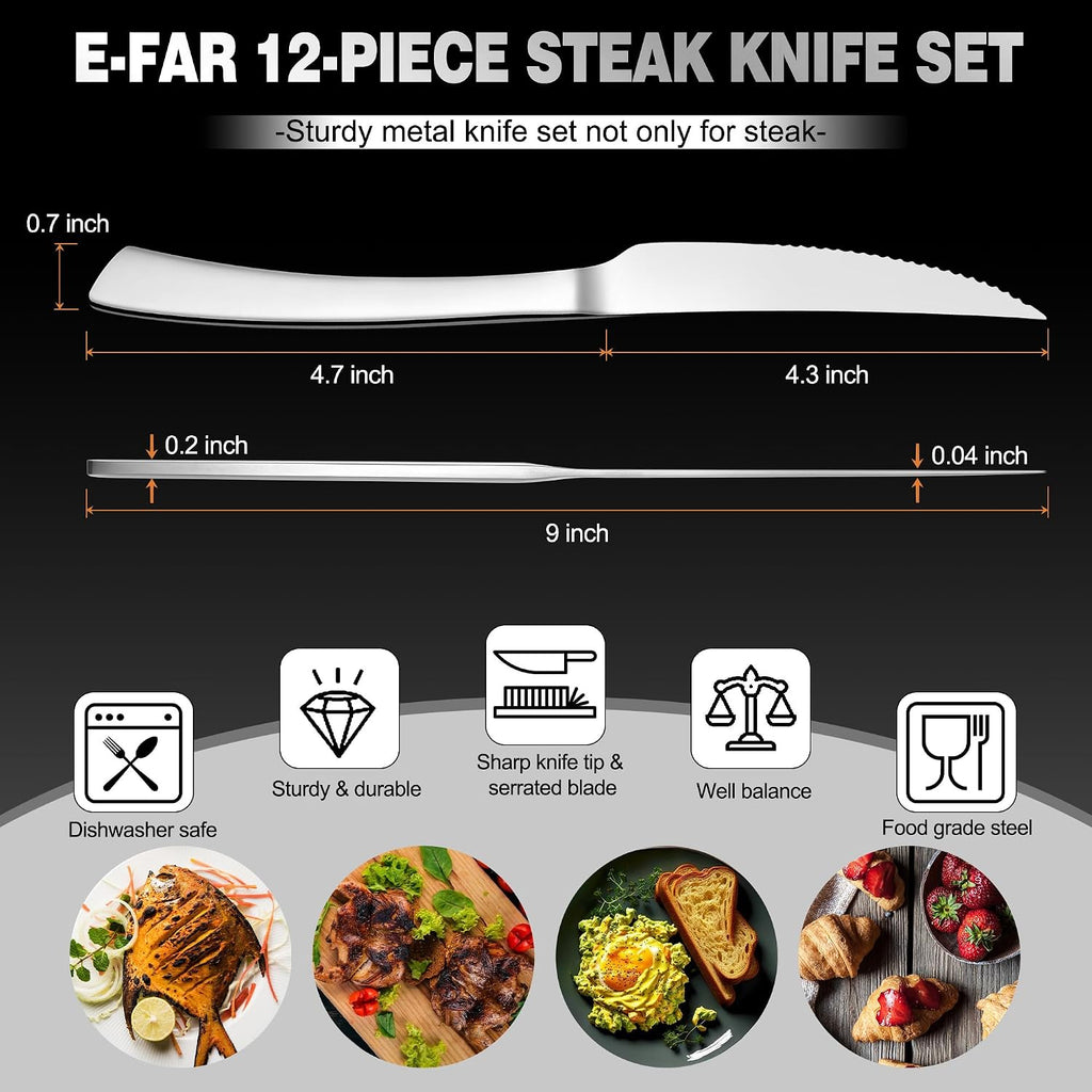 Steak Knives Set of 12, Stainless Steel Serrated Dinner Knife
