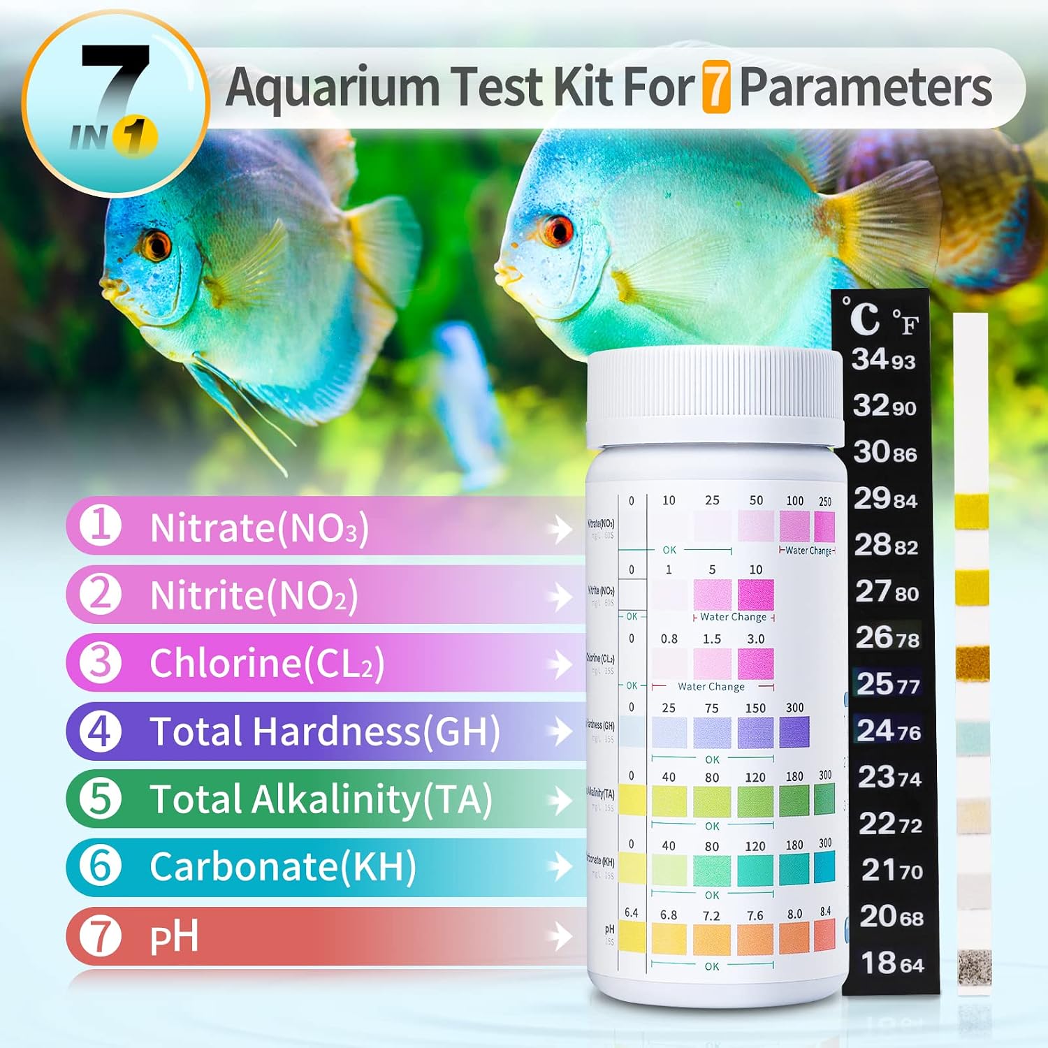 7 in 1 Aquarium Test Kit for Freshwater and Saltwater - 125 Aquarium Test Strips with Test Tube & Thermometer - Fast