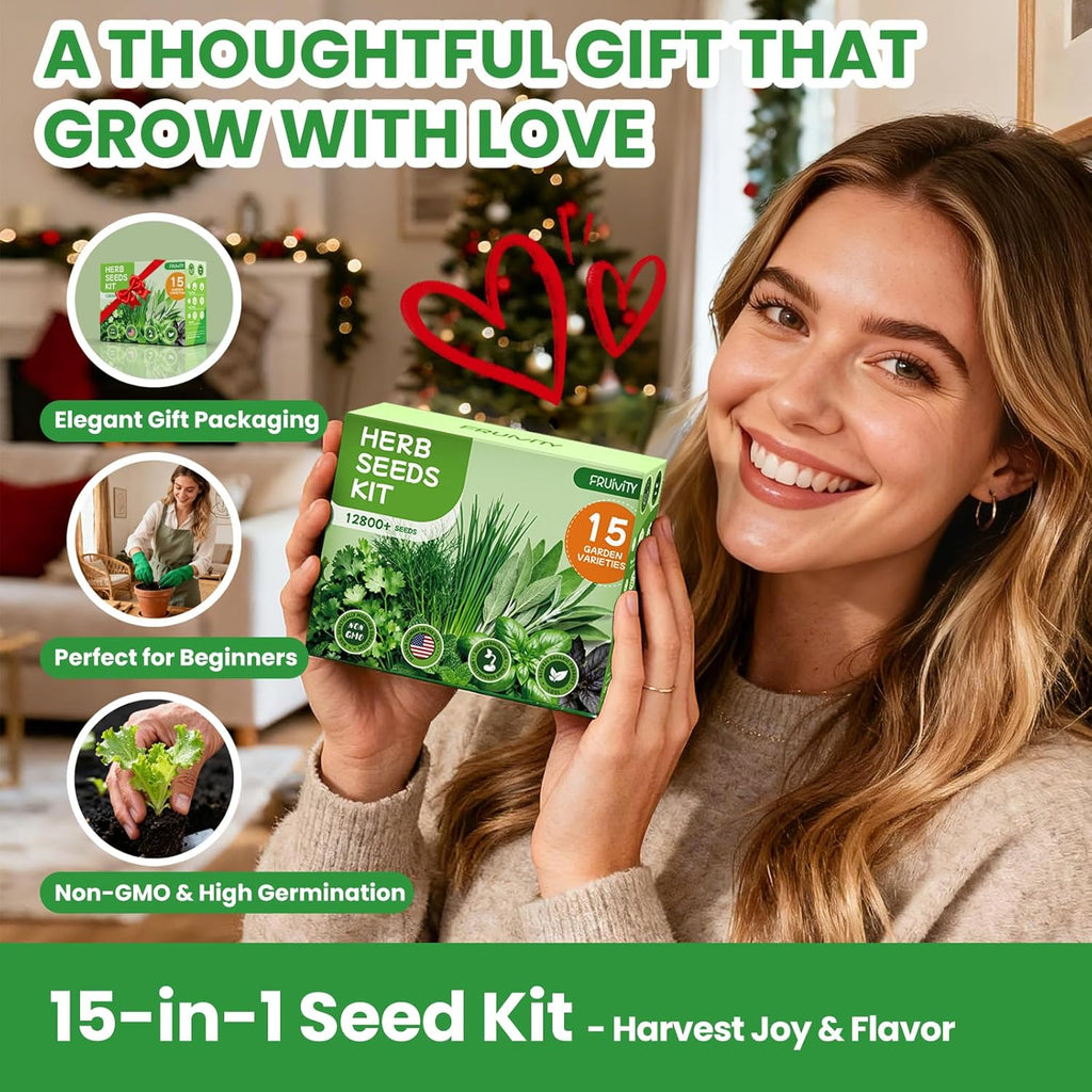 Herb Garden Starter Kit – Fruivity 12800+ 15 in 1 Herb Heirloom Seed Kits for Indoor/Outdoor Planting | Herb Indoor