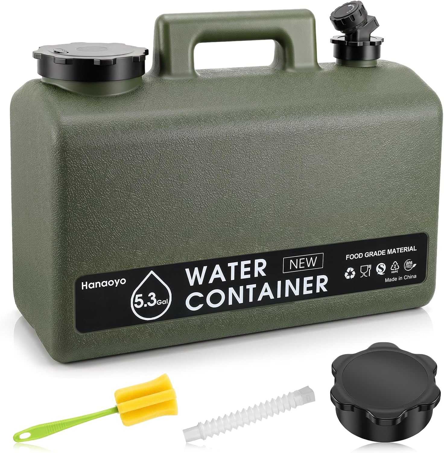 5.3 Gallon Camping Water Jug, BPA Free Portable Water Container with Spigot & Extension Tube, Space Saving Flat Water