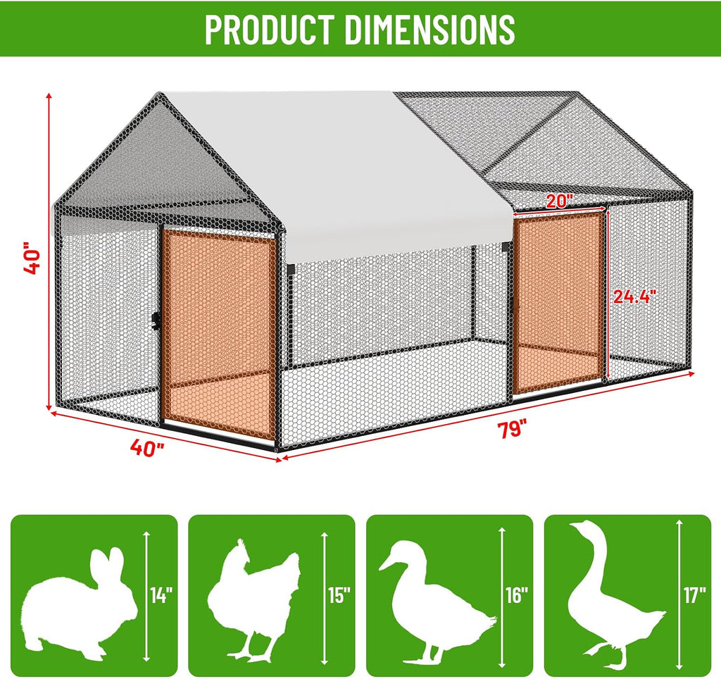 Metal Chicken Coop 79"x40"x40", Portable Chicken Run with Cover