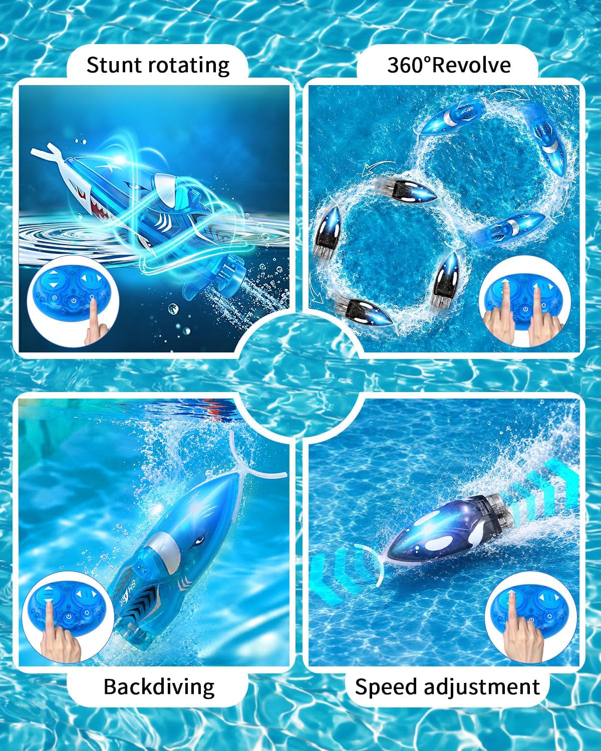 3.2" Mini RC Boat 2-Pack, Shark & Whale Toy with Inflatable Pool | 2.4GHz Remote Control Boat with Dual Motors, 360°