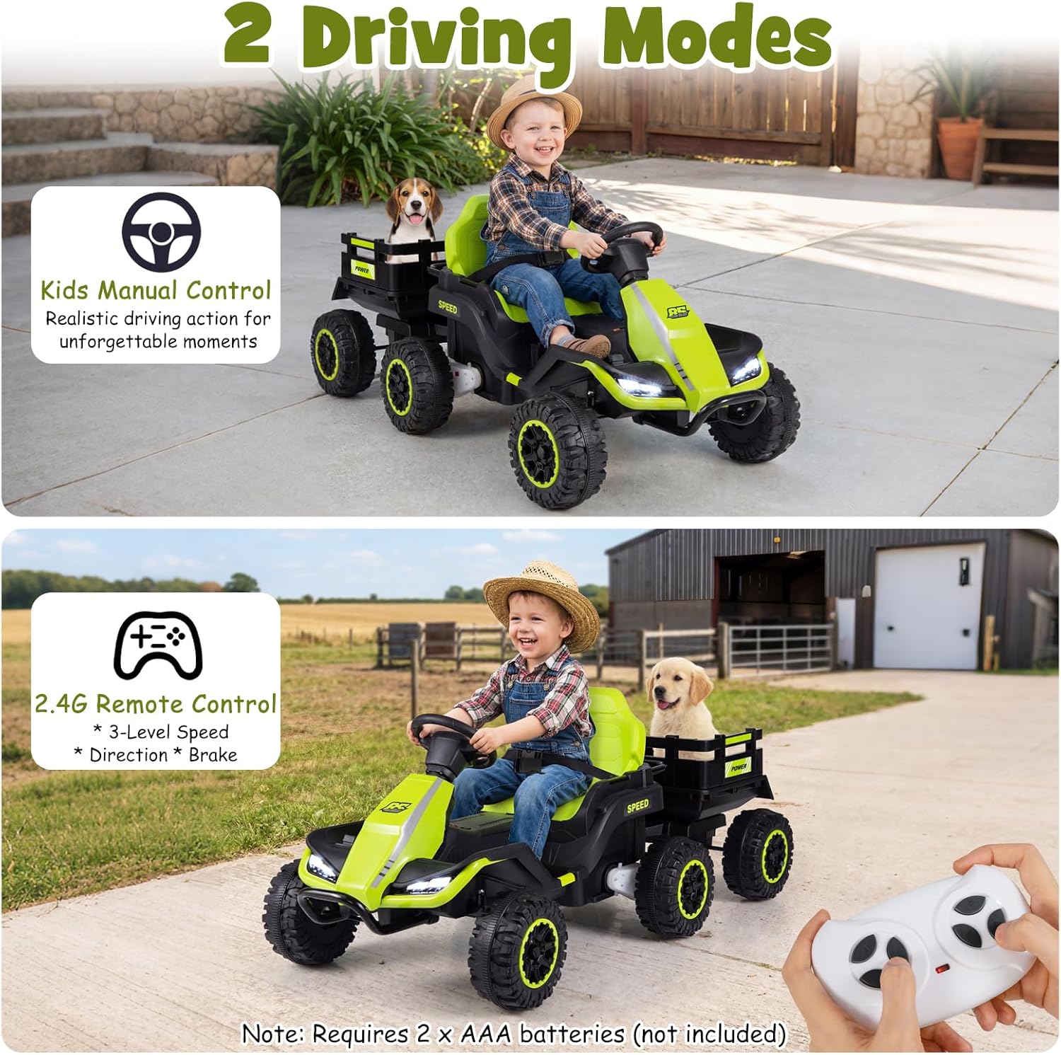 Ride on Tractor with Detachable Trailer, 24V Ride on Toys for Big Kids, Electric Vehicle with Parent Remote, 20°