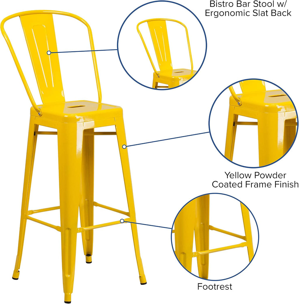 30" Yellow Metal Indoor/Outdoor Barstool with Back, 4-Pack