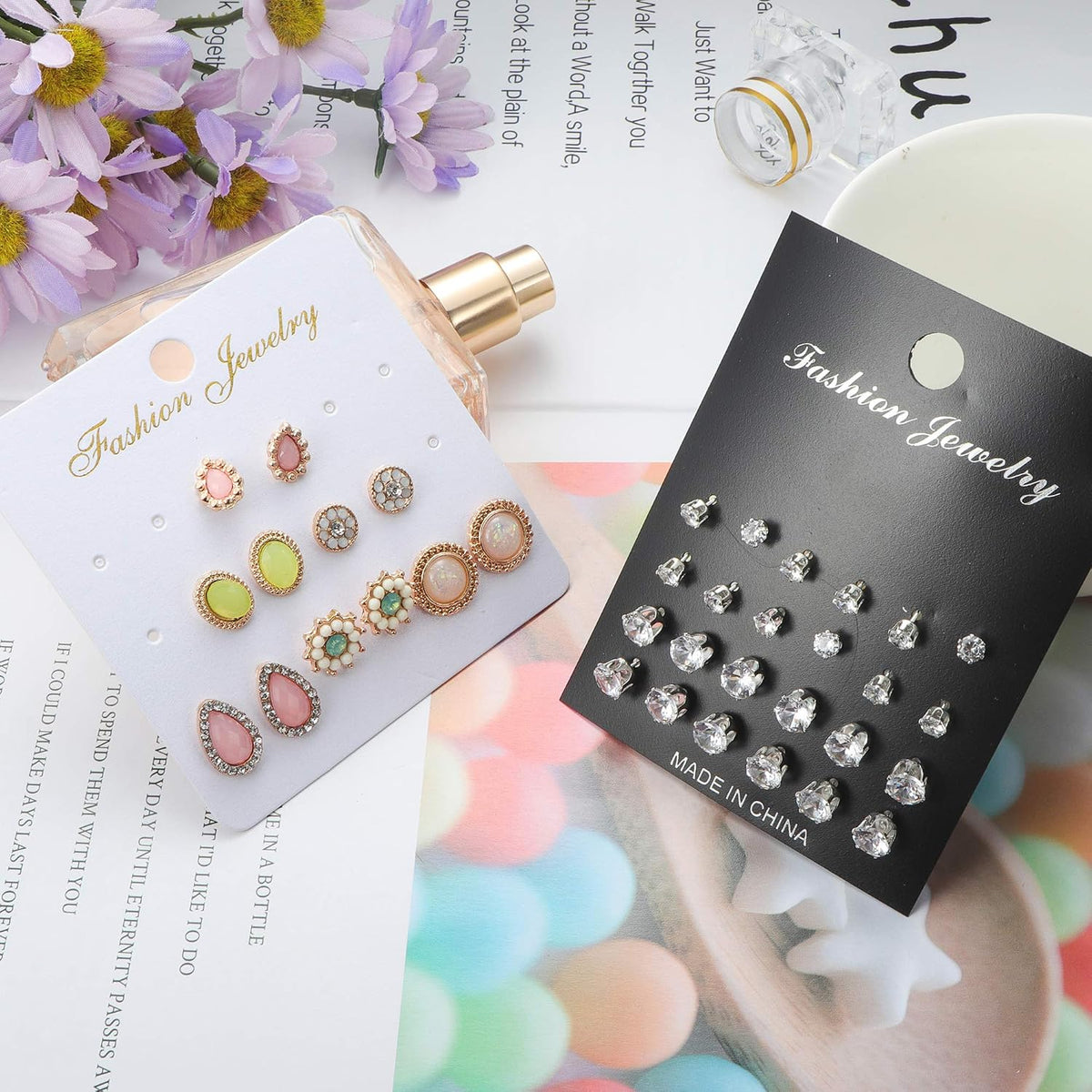 61-63 Pairs Assorted Multiple Stud Earrings for Women Simple Cute Flower Big Hoop Earrings Moon Geometric Leaf Arrow
