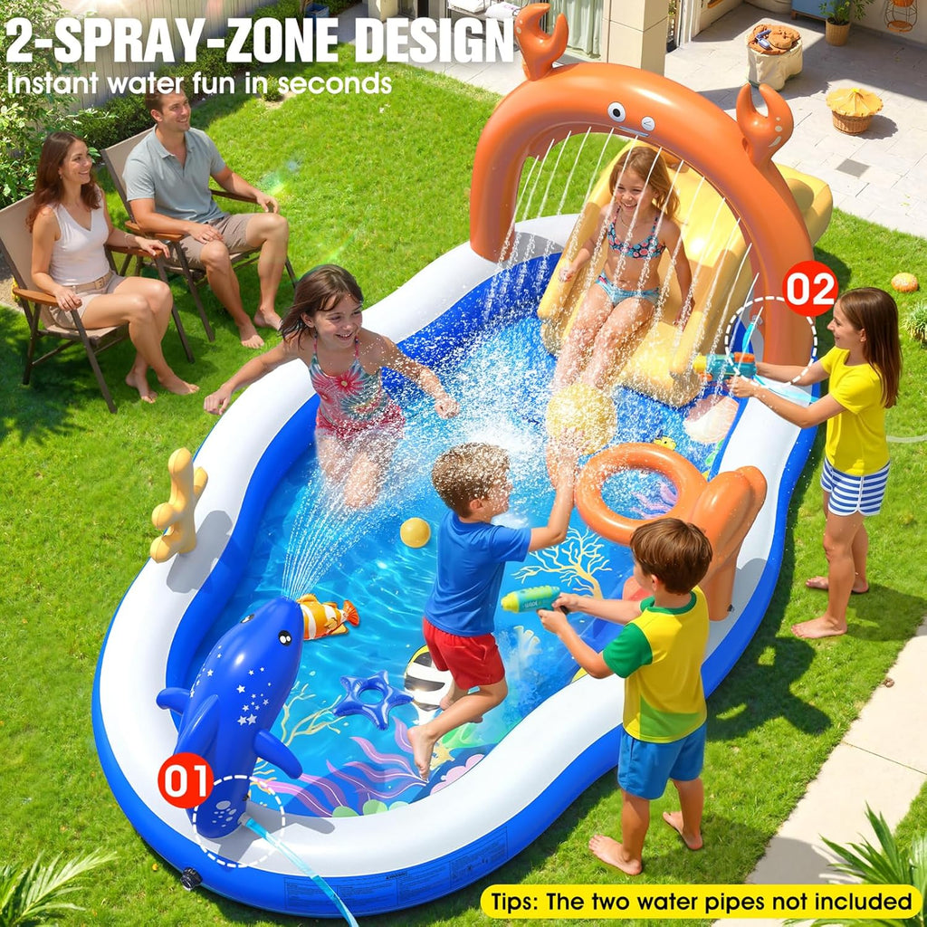 2026 Large Inflatable Play Center,Kiddie Pool with Water Slide&Sprinkler,121''x71"x51''Inflatable Toddler Pool with