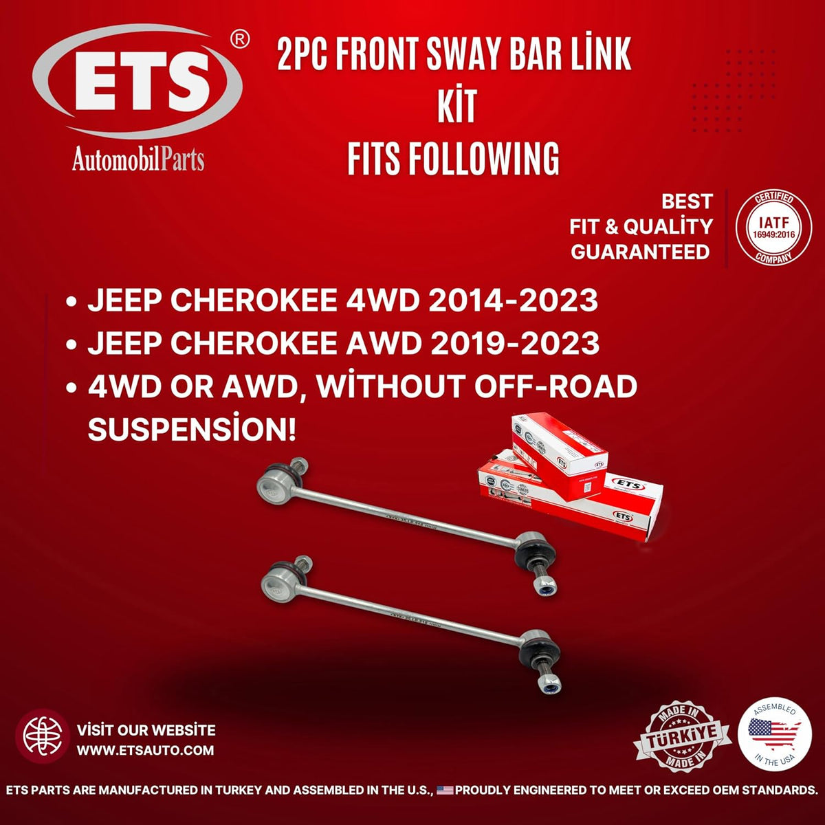 ETS 2Pc Front Stabilizer Sway Bar End Link Kit Fits 2014-2022 Jeep Cherokee AWD / 2014-2022 Jeep Cherokee 4WD K750742