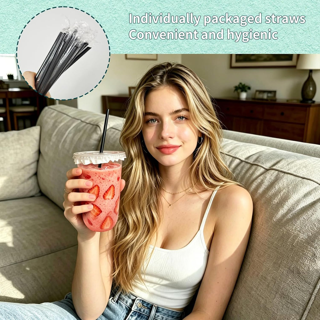 16 oz Clear Plastic Cups with Lids,Leak-proof Paper and Straws,25 Sets