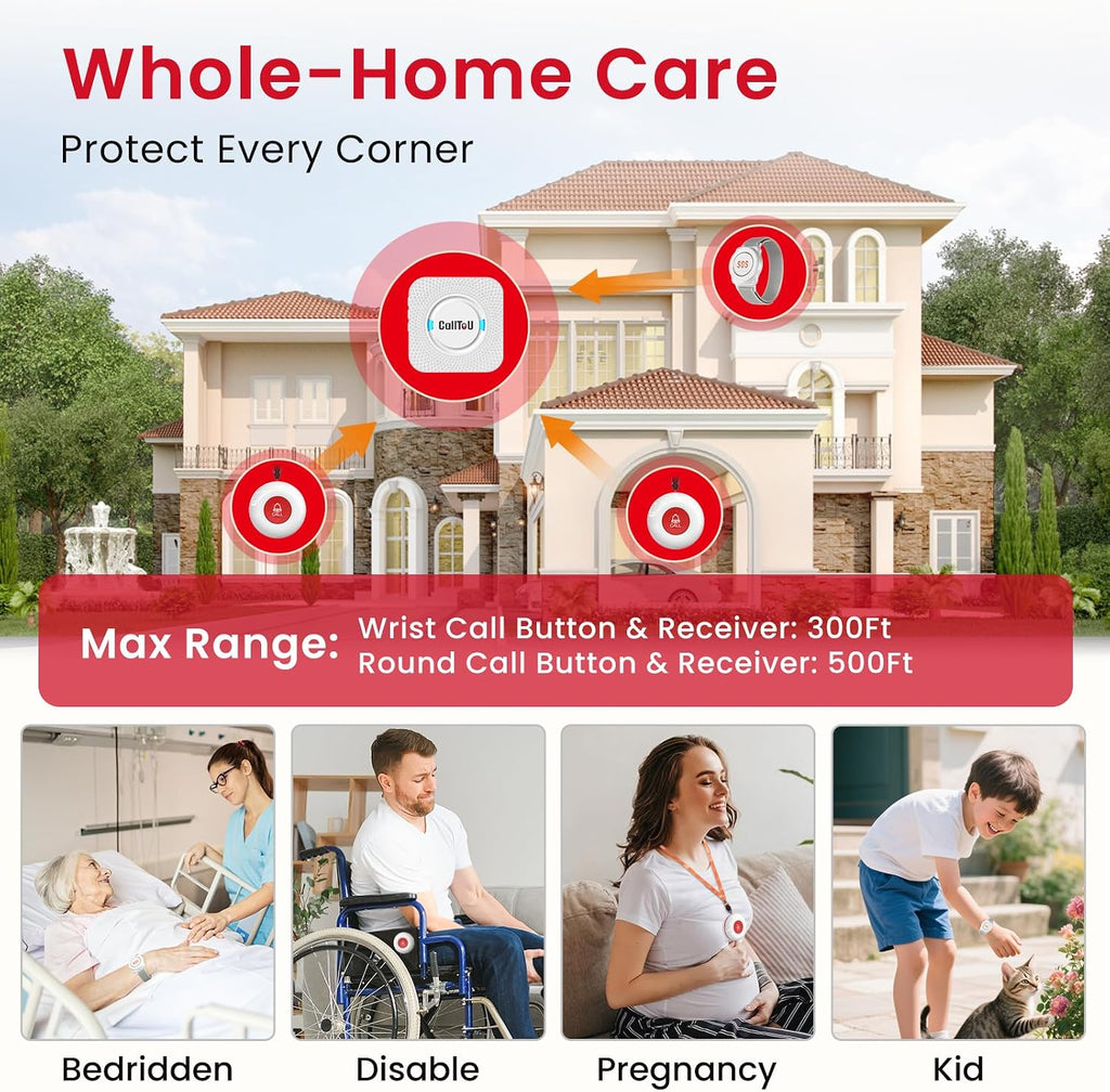 Caregiver Pager Wireless Call Button Nurse Alert System 500+ Feet for Home/Elderly/Patient/Disabled 06WS (1 Receiver