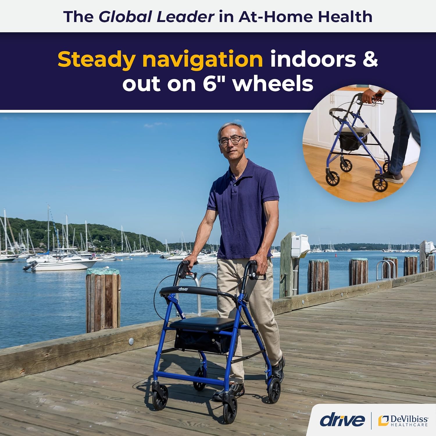 Aluminum Rollator Walker - Fold Up - Padded Seat - 6 Inch Wheels - Lightweight Portable Design - Indoor Outdoor