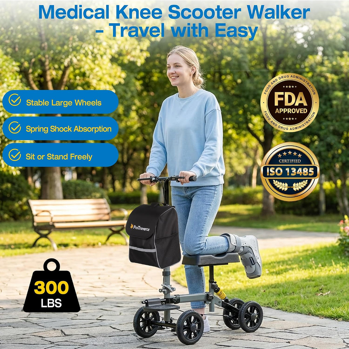 All Terrain Knee Scooter for Adults for Foot Injuries,Foldable & Steerable Knee Walker with Shock Absorption, 300lbs