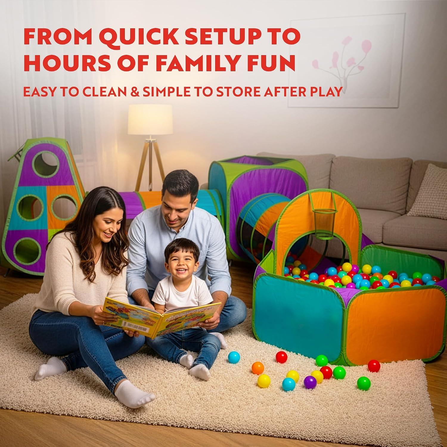 5-Piece Kids Pop up Play Tent Crawl Tunnel and Ball Pit with Basketball Hoop Playhouse for Boys, Girls, Babies, and